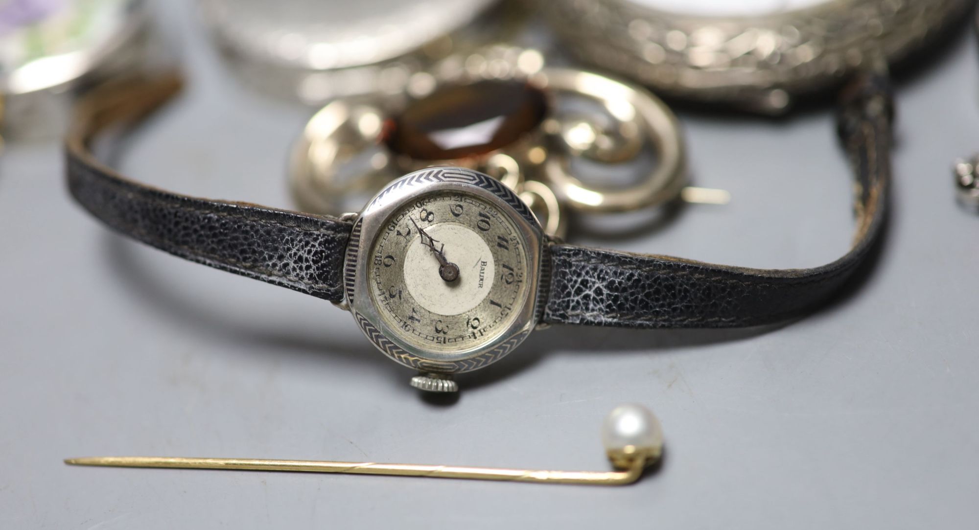 Two white metal and enamel pill boxes including one silver, a ladys 800 standard Baume wrist watch, Doxa pocket watch etc.